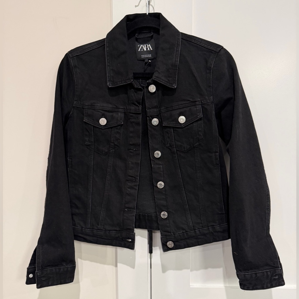 ZARA‎ Black Denim Jacket Women's Button-Front Jean Jacket Size S EUC